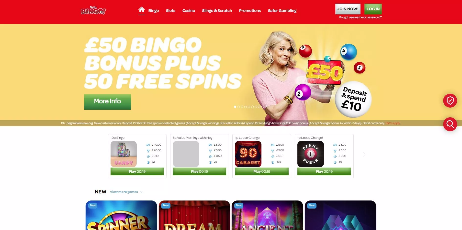 The homepage for Sun bingo