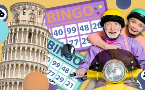 Two people on an electric scooter in a background of bingo cards and the tower of pisa