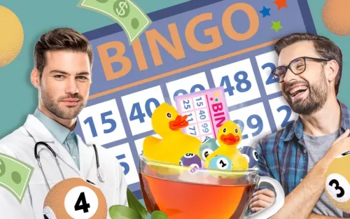 A man smiles in front of a background of a bingo card, with bingo slang imagery around him.