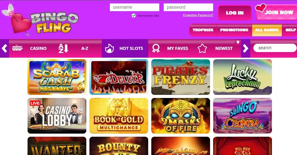 A screenshot of Bingo Fling showing their game selection