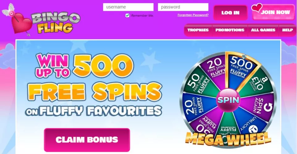 A screenshot of the homepage for Bingo fling