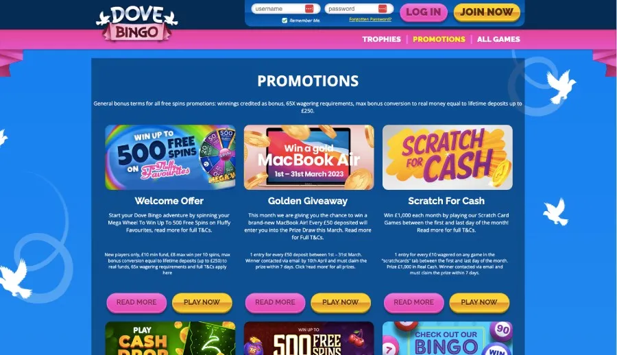 Dove bingo promotions page