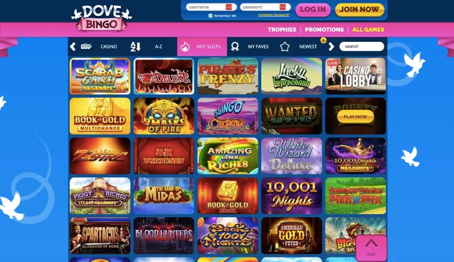 Dove bingo slots page