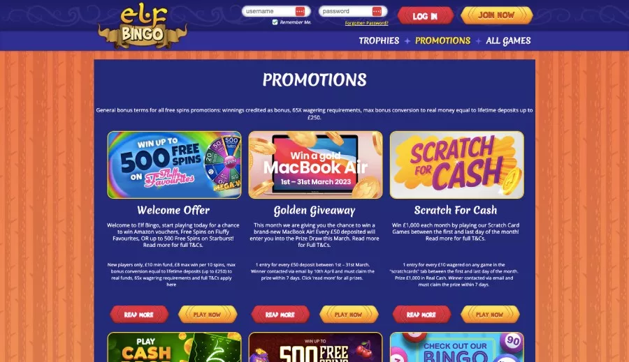Promotions page for Elf Bingo