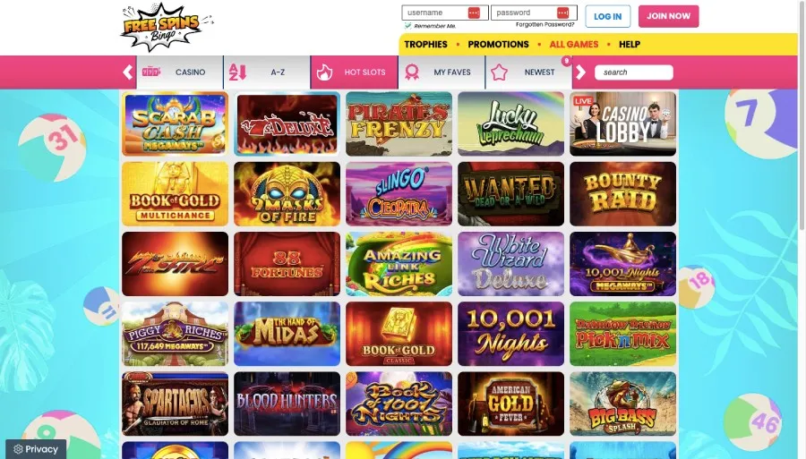 Free spins bingo game room