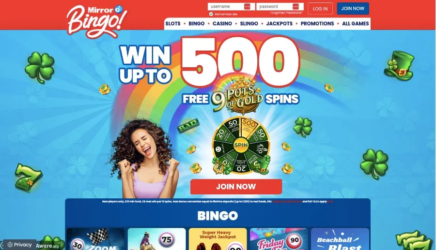 Mirror bingo homepage