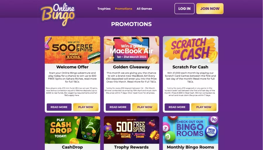 Promotions page of onlinebingo.com