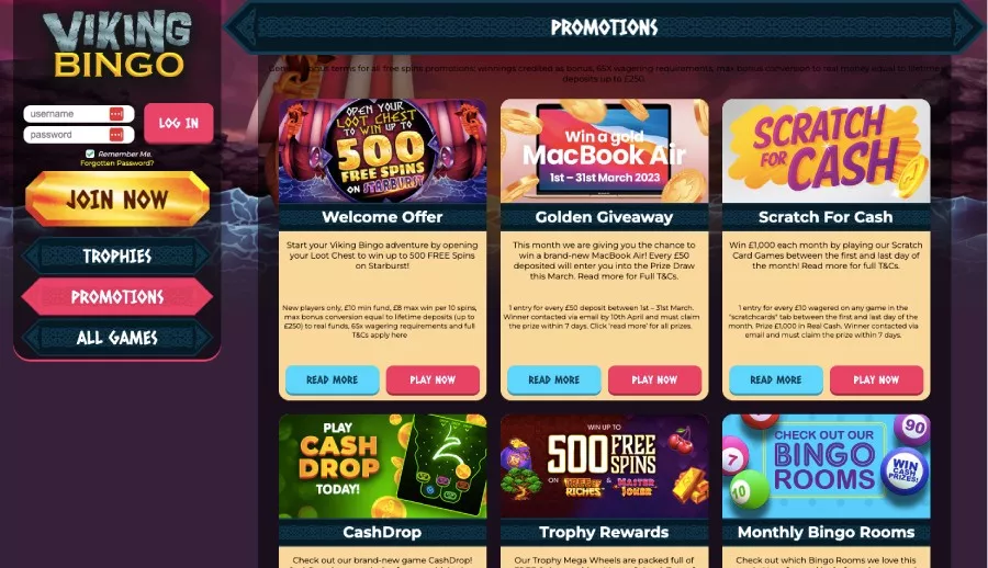 Viking bingo promotions page